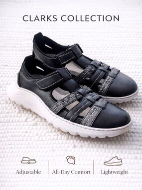 Clarks Collection Black Comfort Sandal Sneaker Sz 9 Adjustable Lightweight